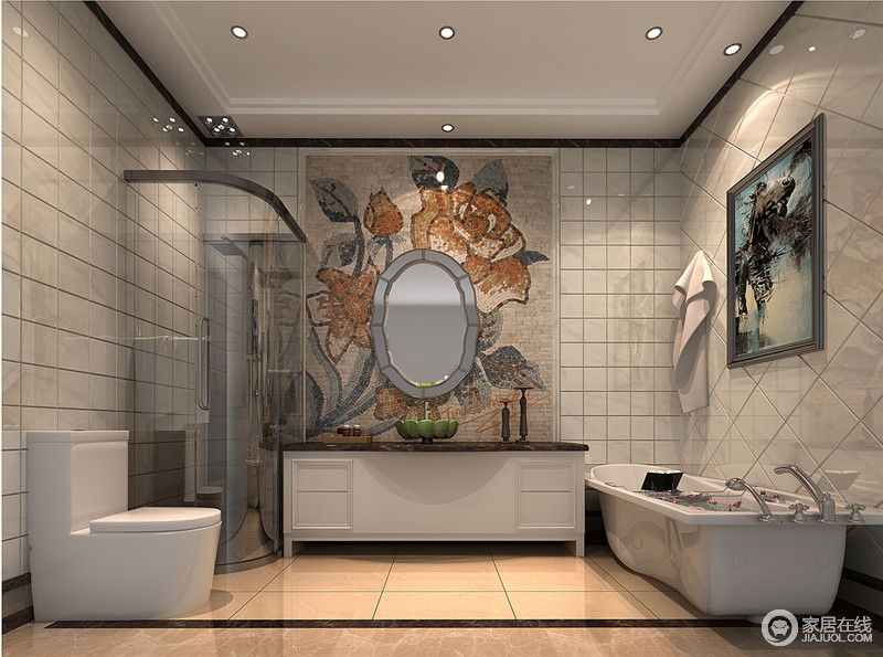 设计有序地将几何砖石拼贴在一起，与马赛克拼花、菱形砖面等塑造着卫浴间的现代精妙，展现着当代生活的魅力。