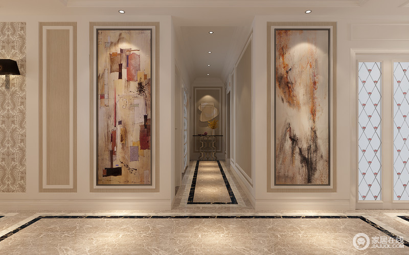 走廊的用色延续了整体空间浅色系的设计风格，但是利用抽象的艺术画悬挂在两侧墙面，宛如一个画廊，满是艺术气息。
