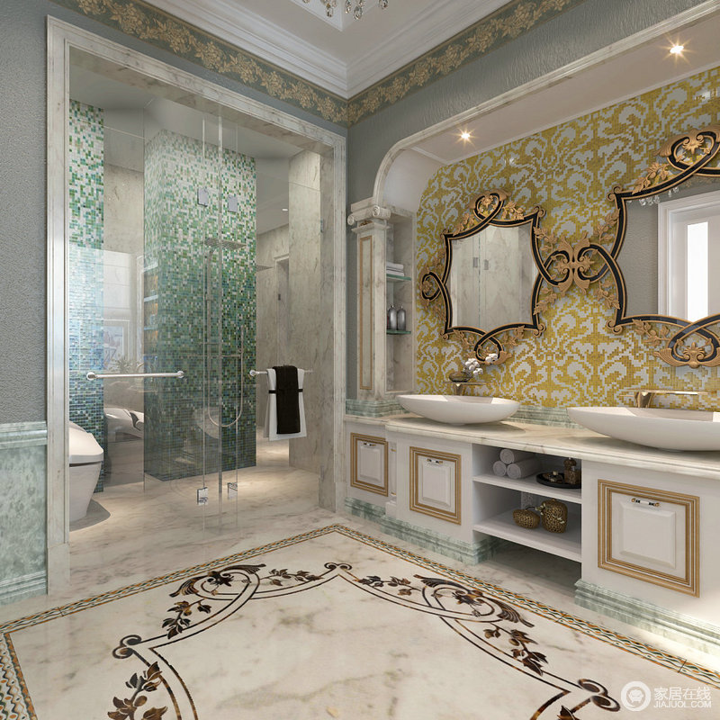 卫浴间通过材质及色彩上的搭配打造了一个清新的古典空间，马赛克立面、拼花地面打造了一个奢美的画面，经典中透着时尚。