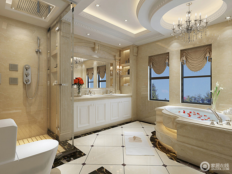 卫浴间经过简单的布置充分满足了实用性需求，以略显粗狂地设计更能突显大理石给予卫浴间的开豁。