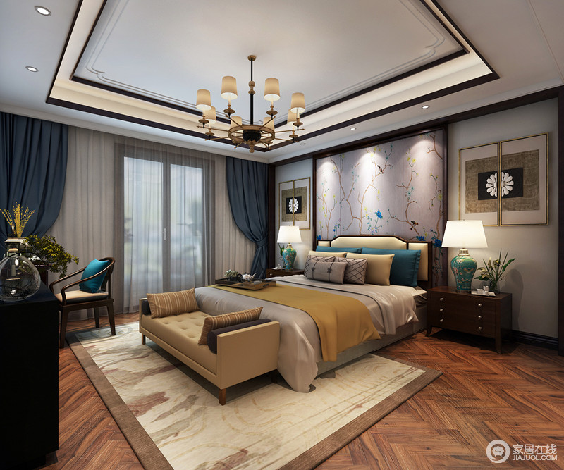 汲取传统中式的典蕴加以现代手法展现，卧室保留双向风格气息，演绎空间的静谧新中式。自然意味的背景墙、灯饰、布艺，点缀出悠闲雅淡的温馨氛围。