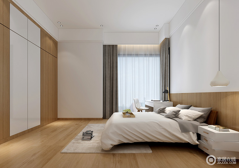 卧室以白色墙体与原木色构成空间的主色调，没有多余的形式，以简单的设计张扬着被北欧精神；不规则叠落组成的床头柜兼具潮流和实用，与简约的白色悬挂灯、灰白双色床品凝结着舒适与静美。