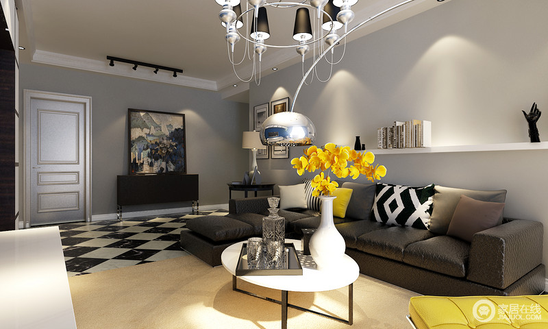 客厅以灰色为公共基础色，黑白呈现在地板、家具和软饰上。简洁的搁板造就空间优美的收纳板线，在点缀的明黄色调下，营造日常生活的诗意。