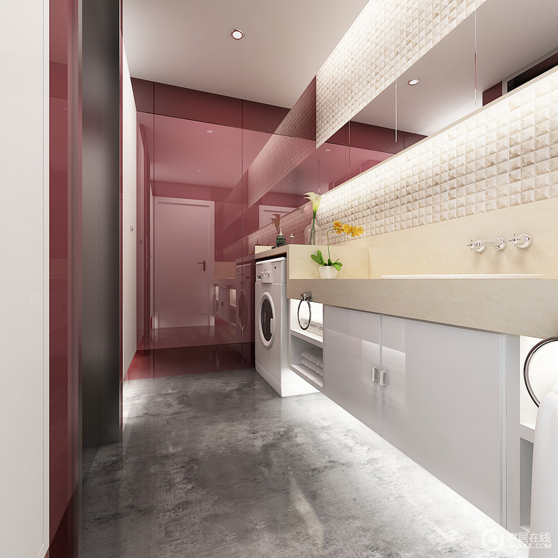 卫生间增加了蔓越莓红色比例，令工业感的空间更现代，白色盥洗柜上的米色大理石台面不仅坚硬更便于清洁，十足一个动感的空间。