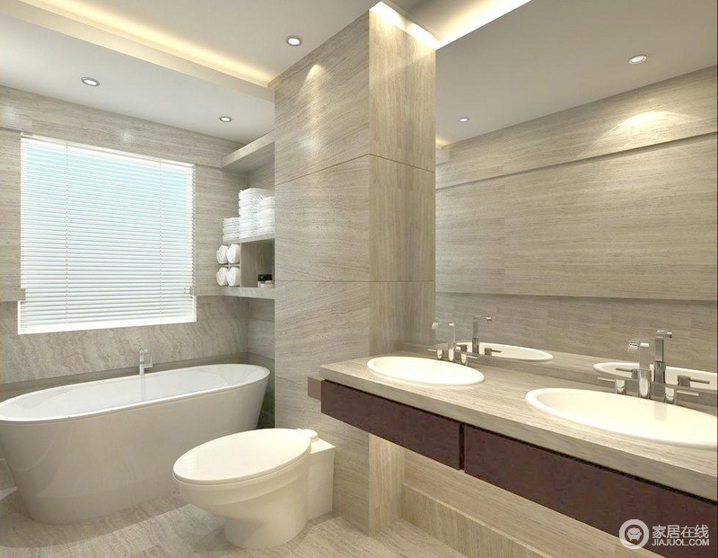 卫浴间统一采用浅灰色暗纹砖石打造出石材质感极强的空间，没有多余的材质，也许更能表现其本身所具有的魅力，再配以白色的浴缸和盥洗台，卫浴好时光就在这里。