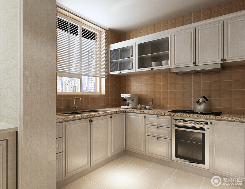 厨房采用U型设计，充分利用墙面打造一种强收纳空间，使厨具都能规整隐形摆放，便于整体空间简洁干净的展现；浅白色的上下柜，背景铺陈深棕方格砖墙，与花色台面调和空间，美观大方。