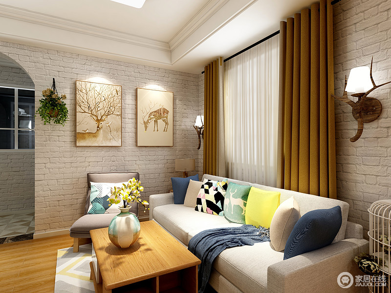 双层白色的吊顶让空间更具有层次感，白色砖头的墙面让客厅多了丝艺术范。白色的沙发上放些彩色的软装，提升了亮度的同时还丰富了空间色彩。