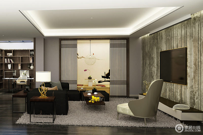 设计师对于空间上的利用显得别具一格，在现代风格休闲客厅一侧做了日式元素的茶室，形成空间上的碰撞，加上家具色调上的深浅对比，耐人寻味的趣味感展现出来。
