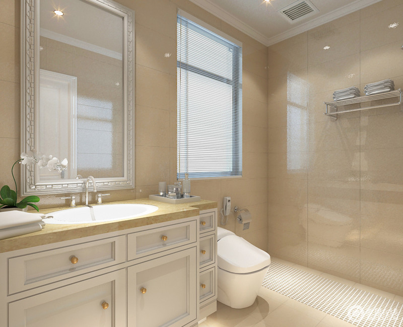 米色瓷砖铺贴在墙上，通透地釉面让卫浴间也亮丽了不少。
