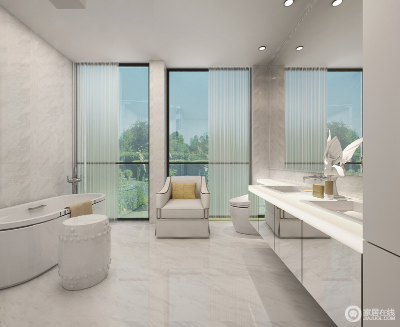 灰白色地砖与白色浴缸和线条凝练的盥洗台形成一体，彼此融合，让整体简洁的设计更显质感；虽然色彩上并没有强烈的层次，但是丝毫不显庸俗，反而，多了些现代的利落与时尚。