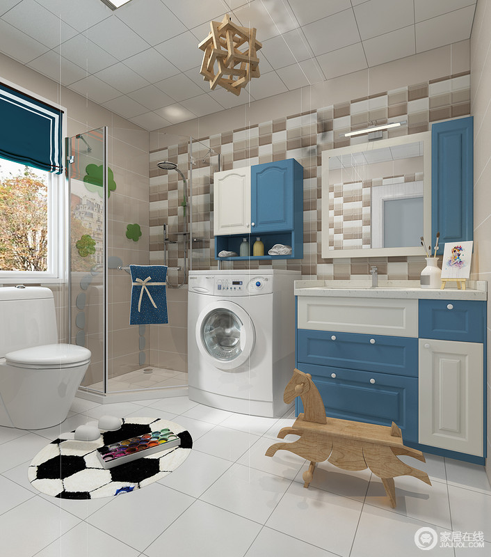 卫生间以白色地砖和米色墙面为组合，让空间既有色彩上的层次，又利用蓝白组合的盥洗柜实现收纳，整洁利落。