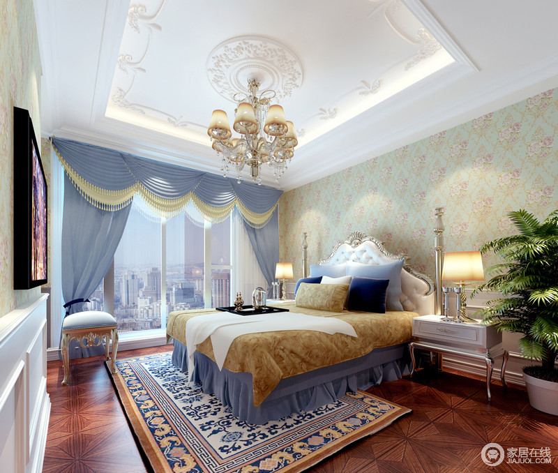 卧室中选用紫色和黄色勾勒出美观实用的空间，罗马帘起伏有序的纹路是空间中最动人的语言；花色地毯与壁纸相呼应，却引领着空间格调，舒雅唯美。