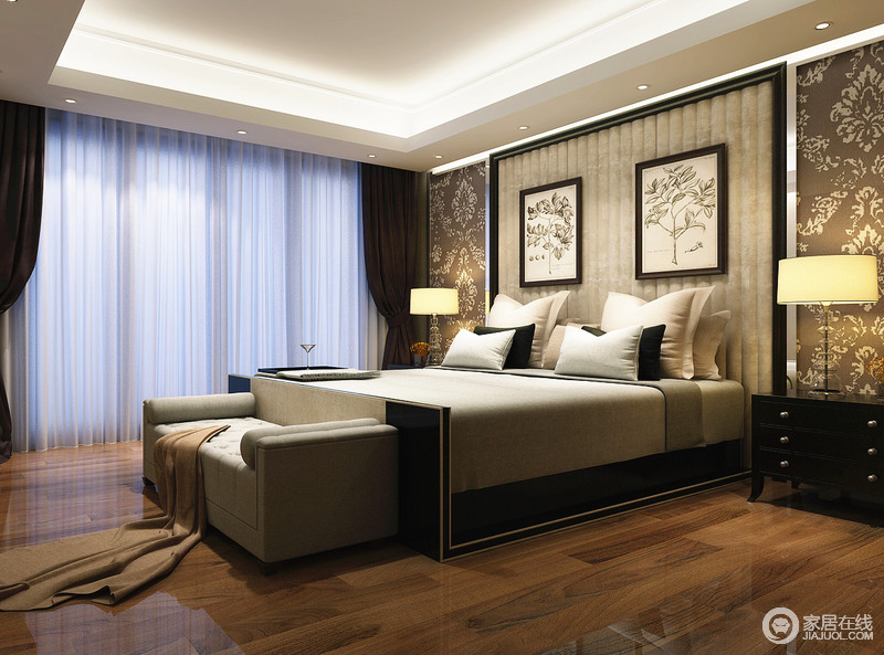 卧室的家具色系和客餐厅相一致，但是更多地展现了现代感，昏暗地灯光为居者提供一个易于休憩的氛围。