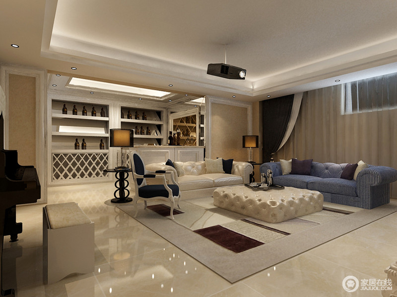 暖色调的客厅带来清爽的宽阔的格局，白色皮质沙发配套茶几，构建优雅奢华。蓝色布艺沙发则带来空间的随性休闲。吧台与酒柜的加入，让整个空间散发出肆意洒脱悠闲的调性。