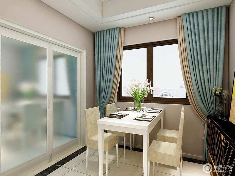 餐厅以柔和的米驼色漆来粉刷空间，驼色与蓝色窗帘叠层设计，让空间具有了层次，而现代家具组合，实用而简单，让生活更为踏实。