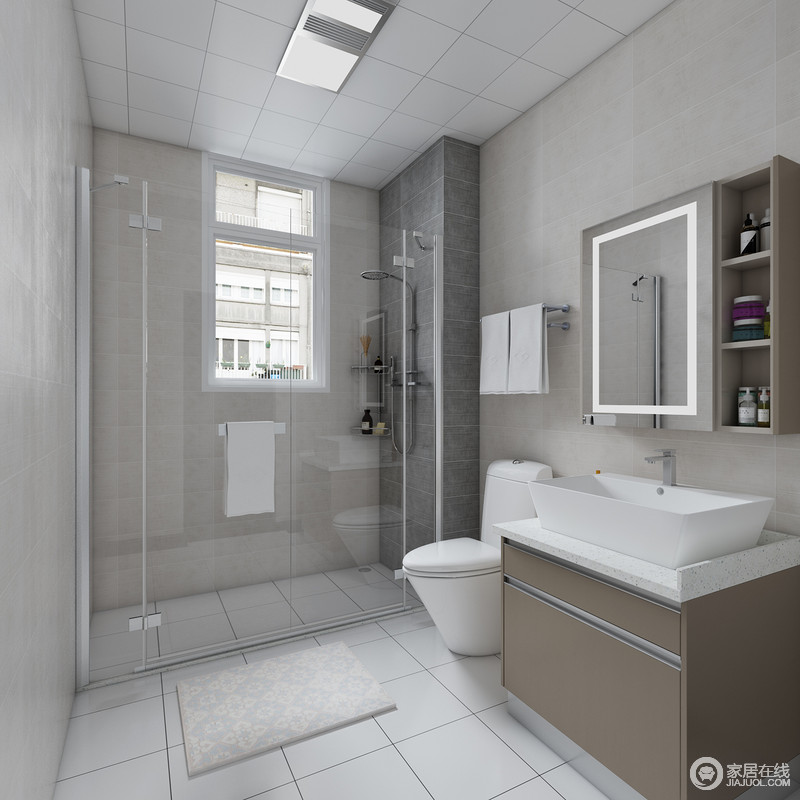 卫生间以米灰色砖石铺贴空间，借助小型盥洗台和盥洗柜实现收纳和清晰，同时，不占用空间太多面积，让主人能够获得得开。
