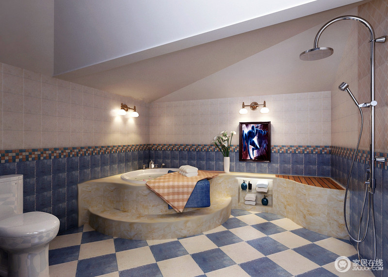 仿古砖是美式设计的必选品，但为了规避老旧，将蓝色、白色的砖石融于卫浴间，让空间也清新一下。