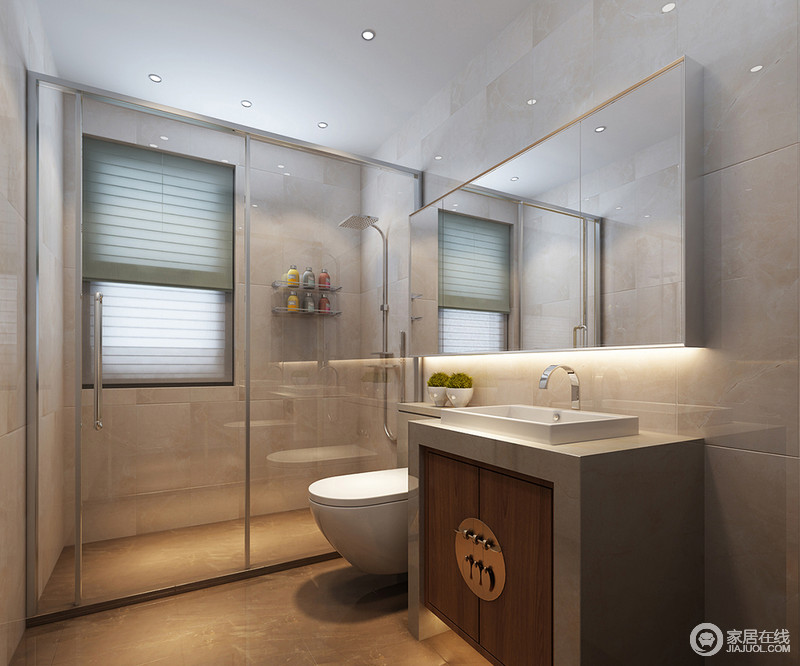 极具现代风格的卫浴空间里，因为盥洗台的中式造型的橱柜，而带着几分清韵。墙面为了契合主题，选择中性的灰白，整个空间漾着浅浅空灵的清爽简洁。