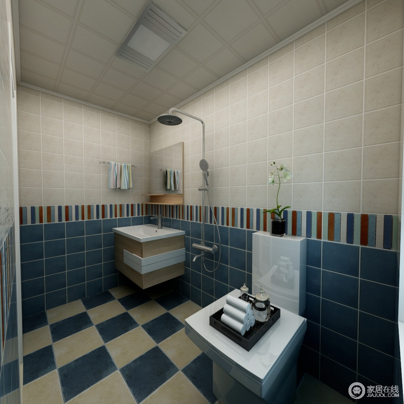 卫生间虽然色调较为暗沉，但是拼砖的几何变化，与墙面的几何演绎设计的张力，让实用性较高的空间也具有美学。