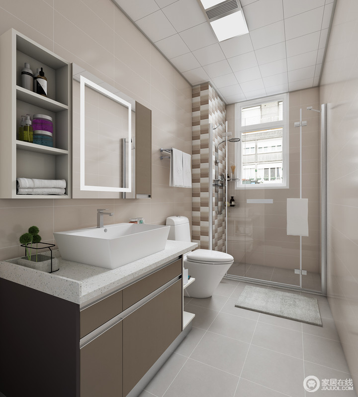 卫生间以中性色为主，淋浴间解决了干湿分离的问题，同时借拼色地砖让墙面更多了变化，提升了设计感；合理的利用小空间，将日常用品收纳起来，更整洁利落。