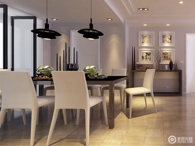 白色餐椅与黑色筒形吊灯衍生着妙趣，带来现代的新视觉。