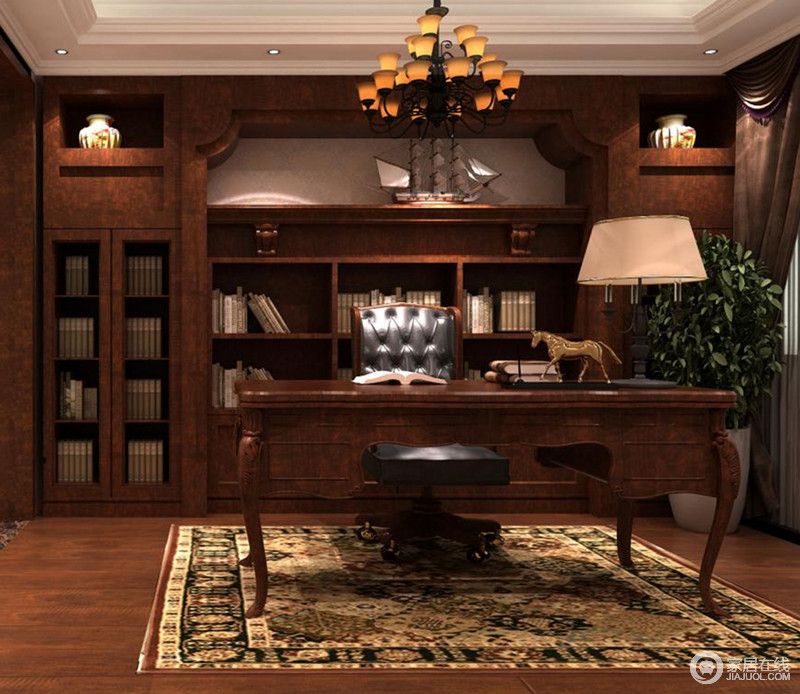 深色木质通体书柜与多层吊顶使书房更显层次美。深色的书桌和单人椅令空间多了份静谧和文艺气质。