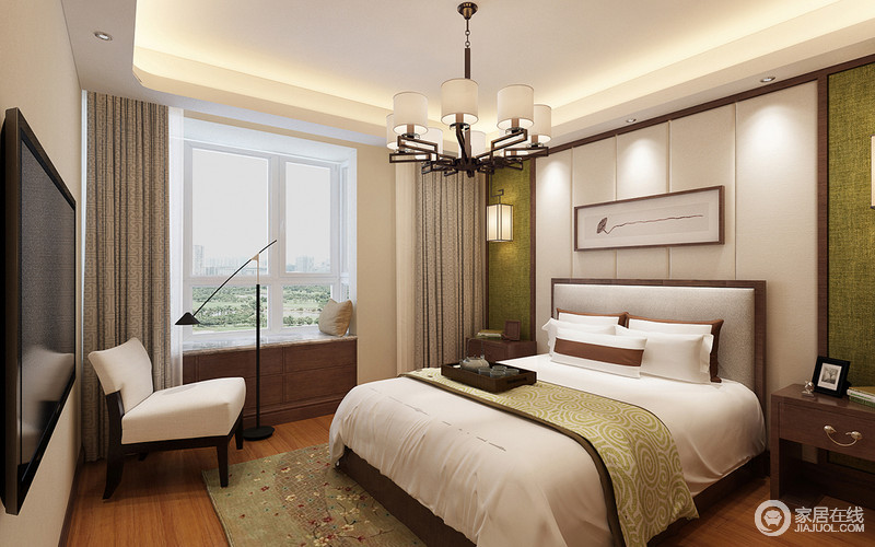 卧室利用色彩营造出多层次化，草绿、灰白与浅驼色搭配木色，整体呈现出质朴、清新，流露着舒适和浓浓的温馨感。一盏落地灯造型极简，彰显现代设计质感。