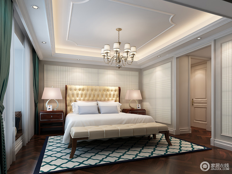 卧室整体色彩表现清新淡雅，运用的几何格纹元素，在色彩明度的对比下表现出层次质感。局部的暖粉灯罩与褐红色床头柜，将空间的轻盈与厚重碰撞。