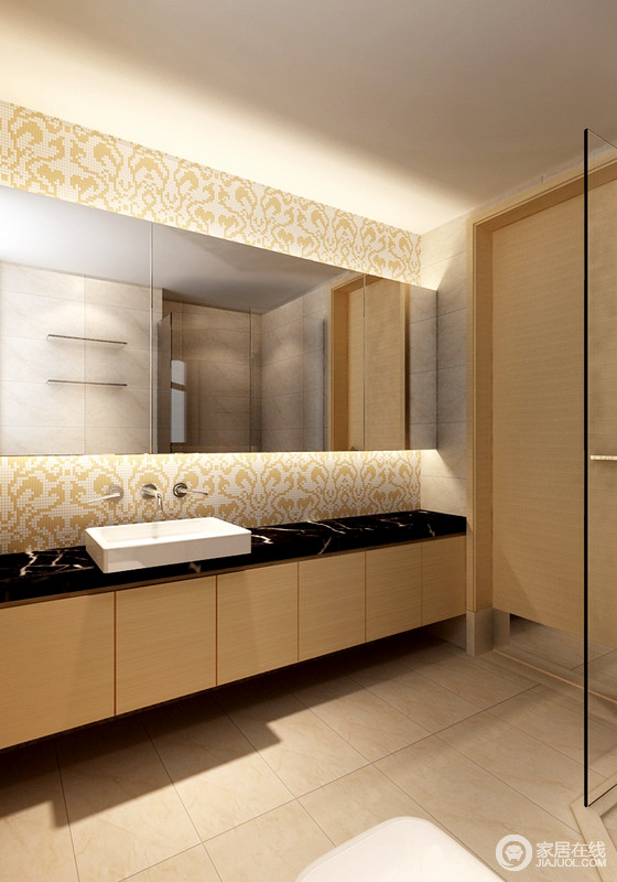 卫浴间选用简洁的方式来塑造木质的盥洗柜，而花纹马赛克的背景墙因镜饰的渲染而暖意十足；黑色盥洗台面的大理石与白色盥洗盆对比组合出经典，凝练而个性。