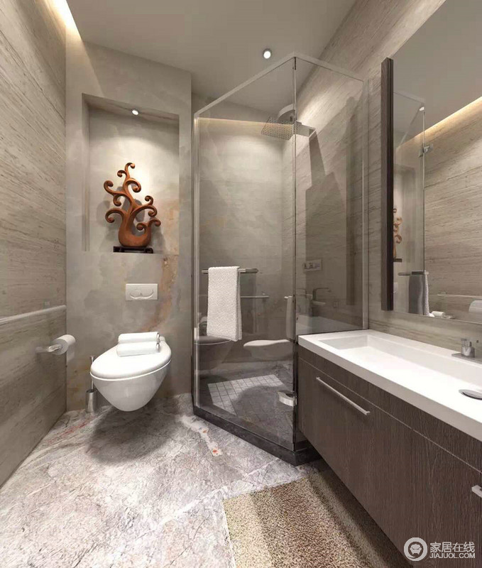 小卫浴间极具工业气质，裸露的水泥墙和灰白的理石地面将淳朴的再现，让你在原生态空间轻松沐浴。