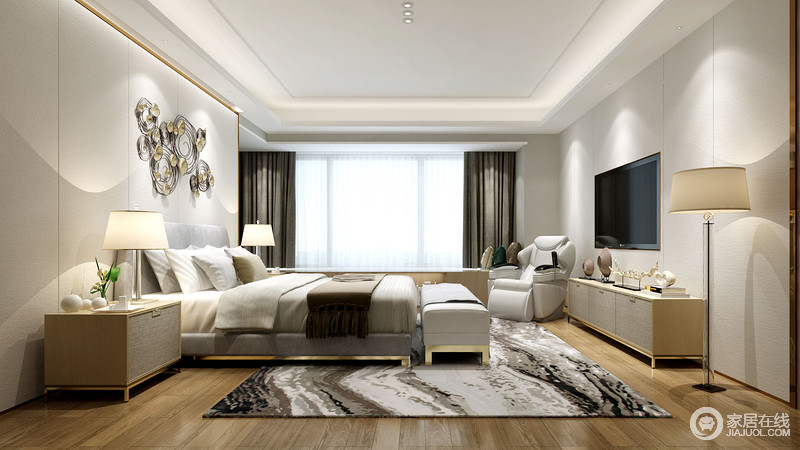 干净的简白色为卧室主调，在光影中散发着清爽的质感；床品加入了素浅的灰色，在地毯的延展铺陈中，与温润的木色打破空间上的清冷理智，多了丝柔和舒缓。