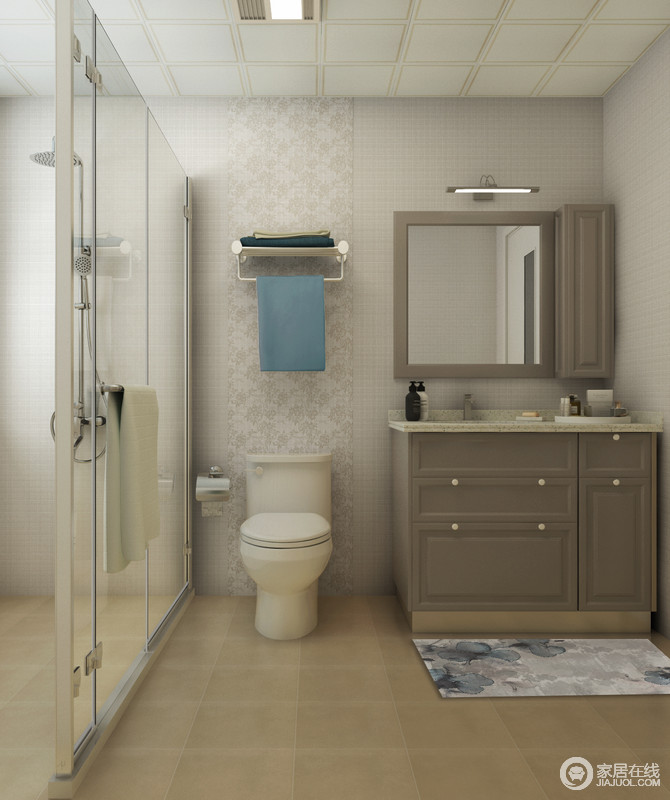 卫生间通过玻璃墙起到分区的作用，米色砖石搭配素色墙砖，让空间十分温和；盥洗柜的设计简单却实用，同时，因为柜体材质的原因，让整个空间更具美式古朴。