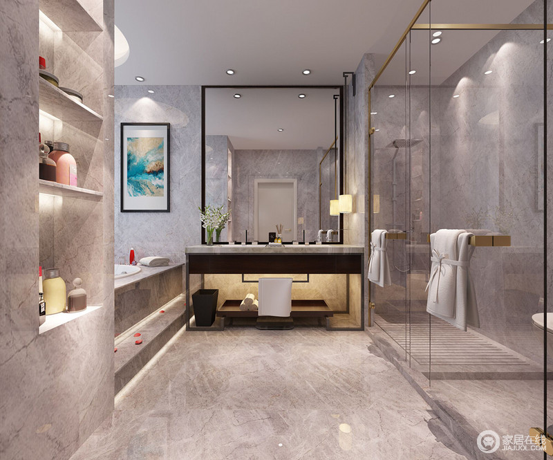 灰色系的卫浴空间，显得朴实无华、简洁大方。光影的大量使用，将空间的每一部分都营造出精致质感。干湿分区的玻璃材质，使空间看上去更为轻盈舒朗。