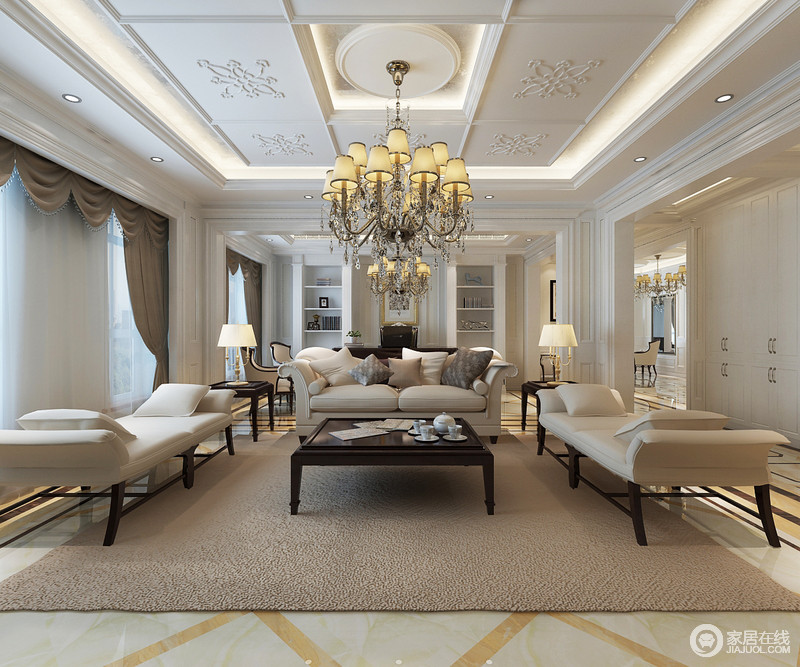 客厅以白色为主基调显得柔和细腻且充满清新，天花顶上的浮雕花纹映衬着华丽水晶灯，带来浪漫情调；简洁且具设计感的家具，使空间简约疏阔且带着轻盈感。
