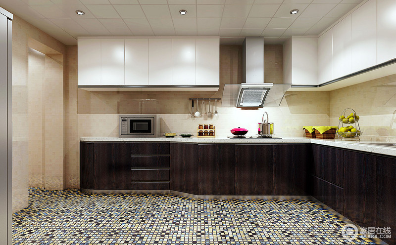 厨房最大的亮点在于马赛克地板砖的使用，制造了强烈的视觉冲击力。上下橱柜也使用深浅搭配，碰撞出现代与复古的混搭感，渲染出丰盈的层次。