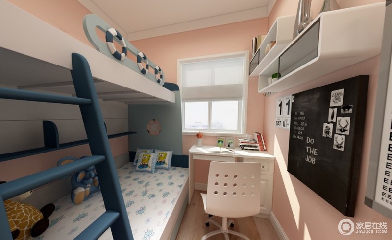 次卧因为面积的限制，所以考虑 上下的儿童床，这样的话也有一个学习的空间。墙面是橘粉色，让儿童房多了一些生气。