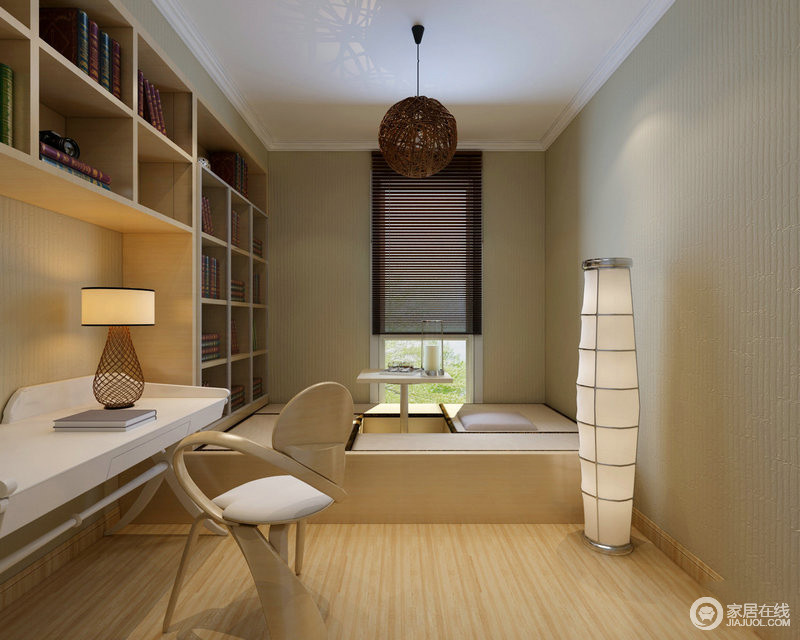 书房以米调为主，木地板的肌理装饰出空间的自然清风。