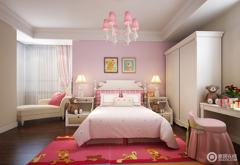 粉色与白色的搭配，将甜美梦幻的格调充满于空间之中。无论是床品、织物亦或是家具，都处处体现着可爱活泼的调性。拐角的窗台区域，一款单人沙发配粉色靠包，便营造出浪漫休闲空间。