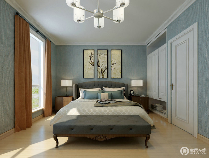 卧室以蓝色壁纸赋予空间清新。