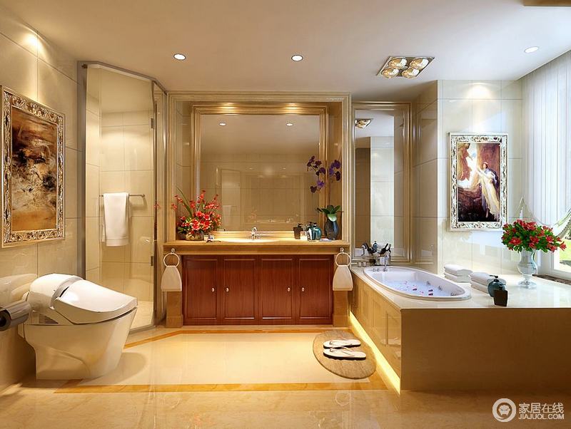 卫生间的主体风格为欧式，描银雕花框油画增添了空间的高雅氛围。开阔式的浴缸提供主人舒适的享受，淋浴区利用清玻璃分隔出干湿区域。盥洗台与浴缸区的浴室镜扩大了空间视觉效果。