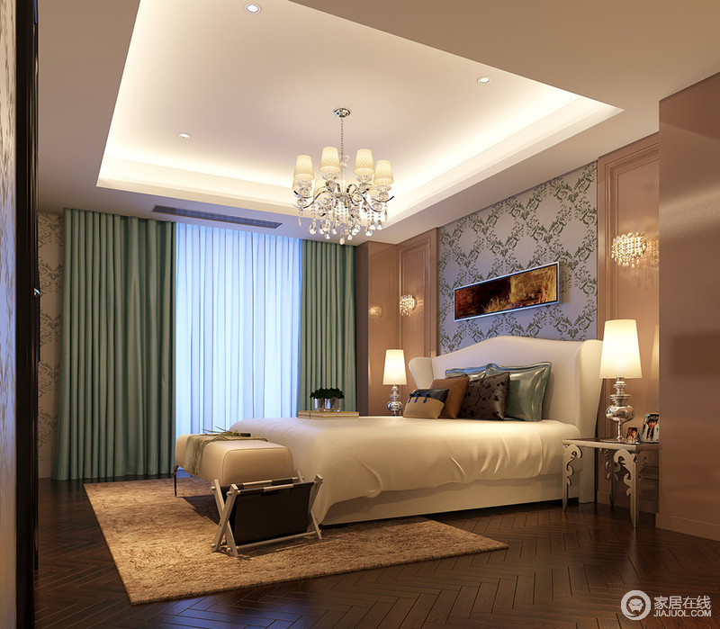 卧室秉承着对称设计，并通过选用个性化的家具来提升空间的整体品质；设计师也巧妙的利用绿色窗帘、咖色地毯来增强空间的层次感，呈现出变化的视觉美，让一切美好的东西留存在空间中。