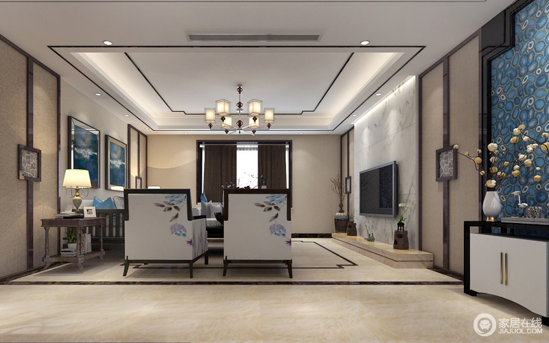客厅虽然装饰简单，却不失品质，清浅的空间里雅致的中式沙发与中式木线条巧妙兼柔。