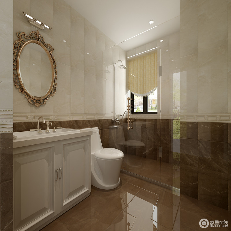 卫生间的拼色墙砖，宛若牛奶与咖啡的搭配，显得醇厚深浓。欧式玲珑雕花椭圆浴室镜，点缀出优雅质感。透明清玻璃通透光线，并有效分隔出空间的干湿区域。