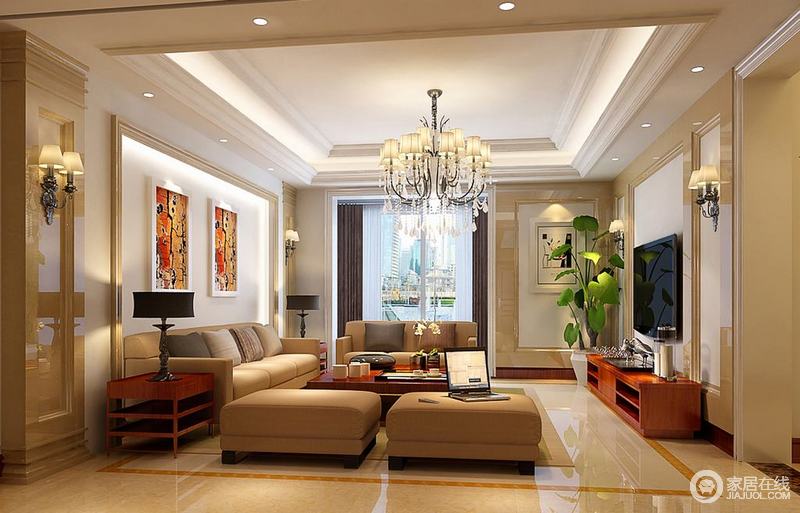 客厅以暖馨的米黄色和干净的纯白搭配，空间晶莹质感中透着温润感。同色系的沙发与褐红色的家具相得益彰，华丽的水晶灯散发出耀眼光芒，灿烂光华溢满空间。