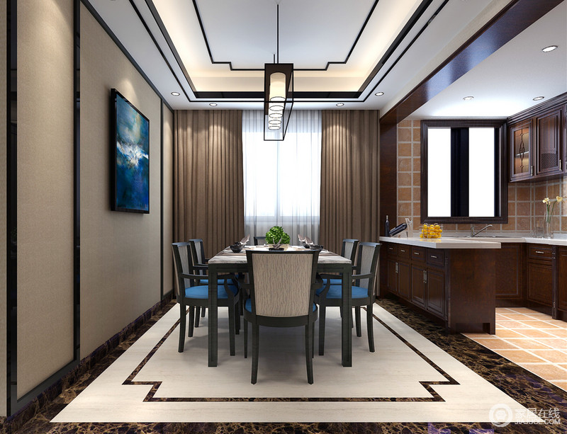 室内多元的表情，一边为餐厅，一边则为厨房，加大了空间的实用性；吊顶与地毯采用同一元素，相互对照，默契十足。