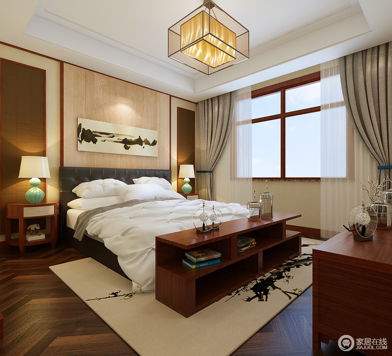 卧室同样以木质来营造室内的格调，沉稳朴拙间不失舒适体验。现代双人床上白色家纺，与空间色调形成鲜明对比，将现代的日常注入古韵之中，展现出宜古宜今的随性静逸。