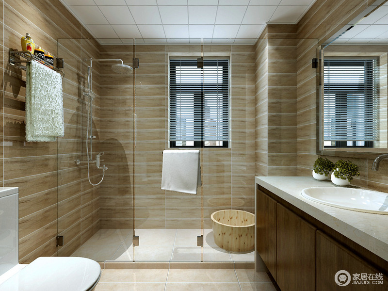 设计师通过土色的墙面来铺设卫浴间，朴素的色彩和呈现出的几何感烘托出生活的安适；整洁的设计以功能性设计为主，通过分区满足不同的需求，并且易于打理空间，简单也实用。