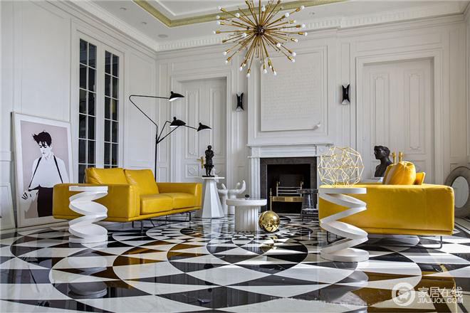 整个客厅的设计，颜色纯粹干净，跳跃的黄色使整个空间更为明亮