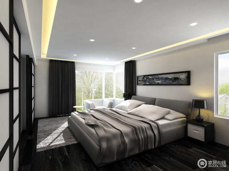 卧室的吊顶以内嵌的灯带来增加空间的采光，与吊顶内星光点点，让家的照明设计更为健康；黑木色地板搭配灰色系软装，打造了一个舒适的、温实的空间。