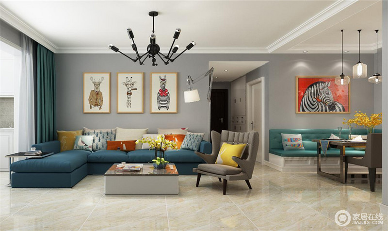 色彩最容易营造居室的氛围，以灰色打底，红黄蓝绿穿插其中，为家打好了五彩缤纷的框架，而所有的艺术品和软装进行填充，营造出热烈风情兼具艺术感的家居空间。